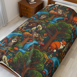 Nature-Inspired Velveteen Plush Blanket, Cozy Forest Animals Throw, Gift for Wilderness Lovers, Camping